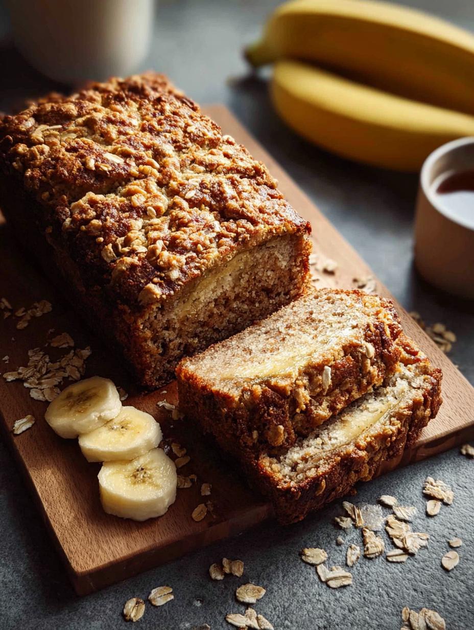 Rebanadas de Panqué Avena Platano servidas con yogur griego y bayas frescas, un desayuno saludable y delicioso.