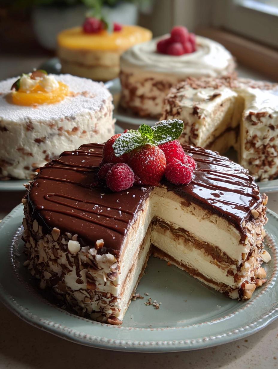 Deliciosa Sabores Torta Fria Sin Horno de chocolate con capas de galleta y crema, decorada con virutas de chocolate