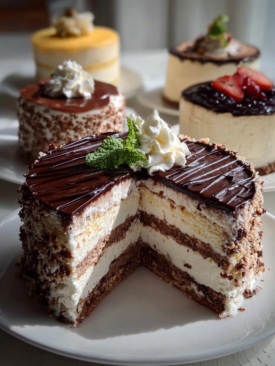 Porción individual de Sabores Torta Fria Sin Horno de fresa, decorada con fresas frescas y una hoja de menta