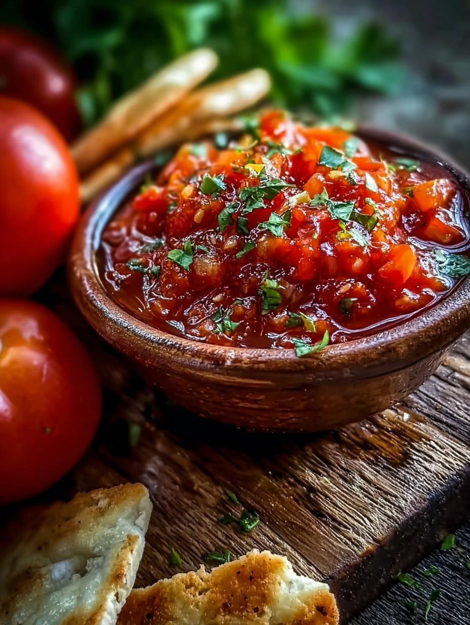 Salsa Tomate Ahumado Ajo recién hecha en un tazón rústico, con tomates asados y ajo al fondo, lista para servir.