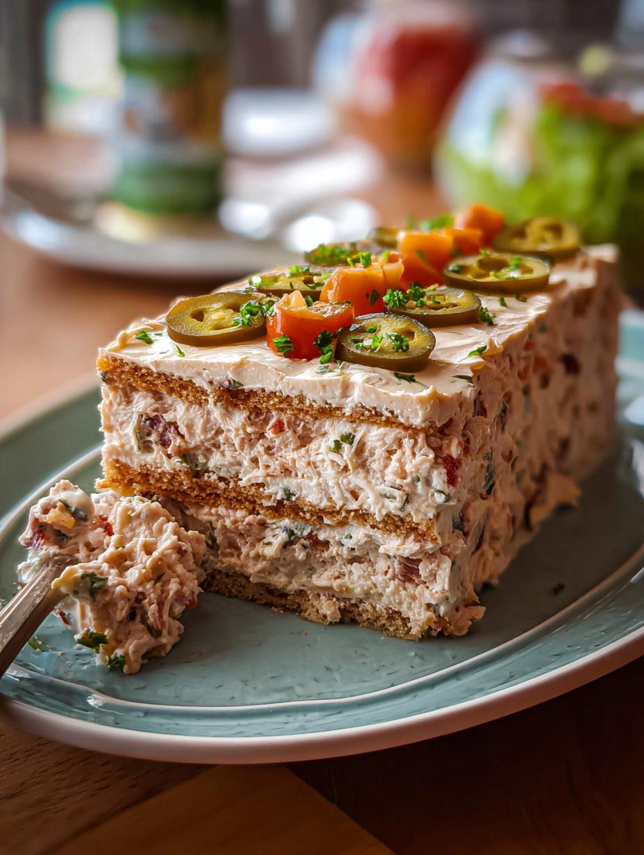 Sandwichon Cremoso Atun: El Increíble Secreto de 20 Minutos 69 Delicioso Sandwichon Cremoso Atun listo para servir, con capas de pan y atún cremoso, decorado con pimientos morrones