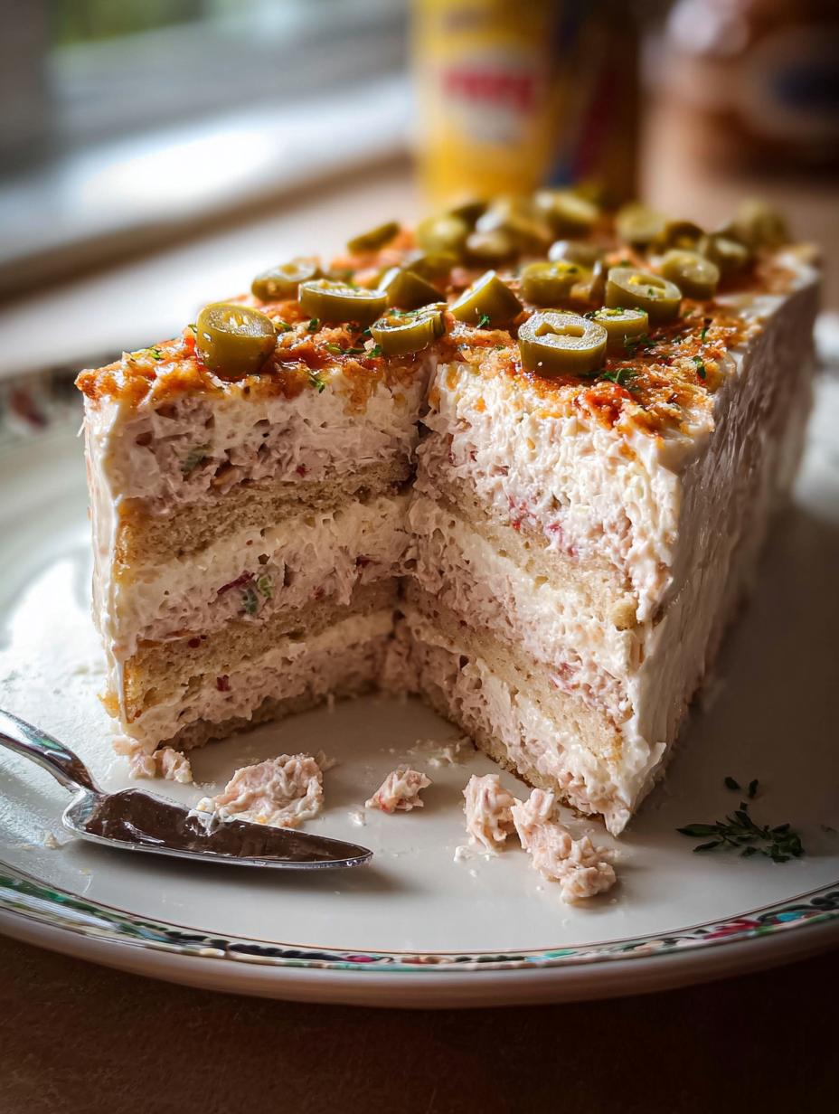Sandwichon Cremoso Atun: El Increíble Secreto de 20 Minutos 70 Sandwichon Cremoso Atun en un plato, mostrando las capas de pan y atún, con una porción lista para degustar