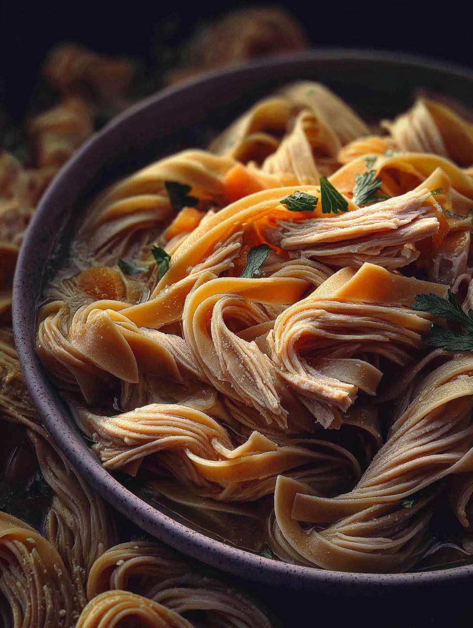 Tallarines Con Pollo: El Secreto De 25 Minutos - Tallarines Con Pollo - vista de cerca de tallarines con pollo cremosos y perejil fresco
