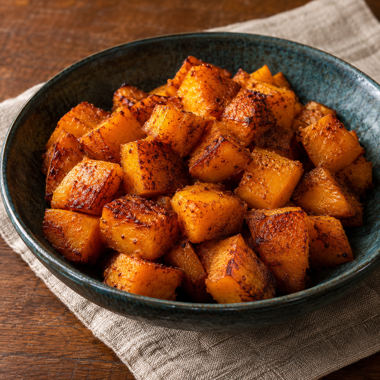 Calabaza asada con especias y bordes dorados.