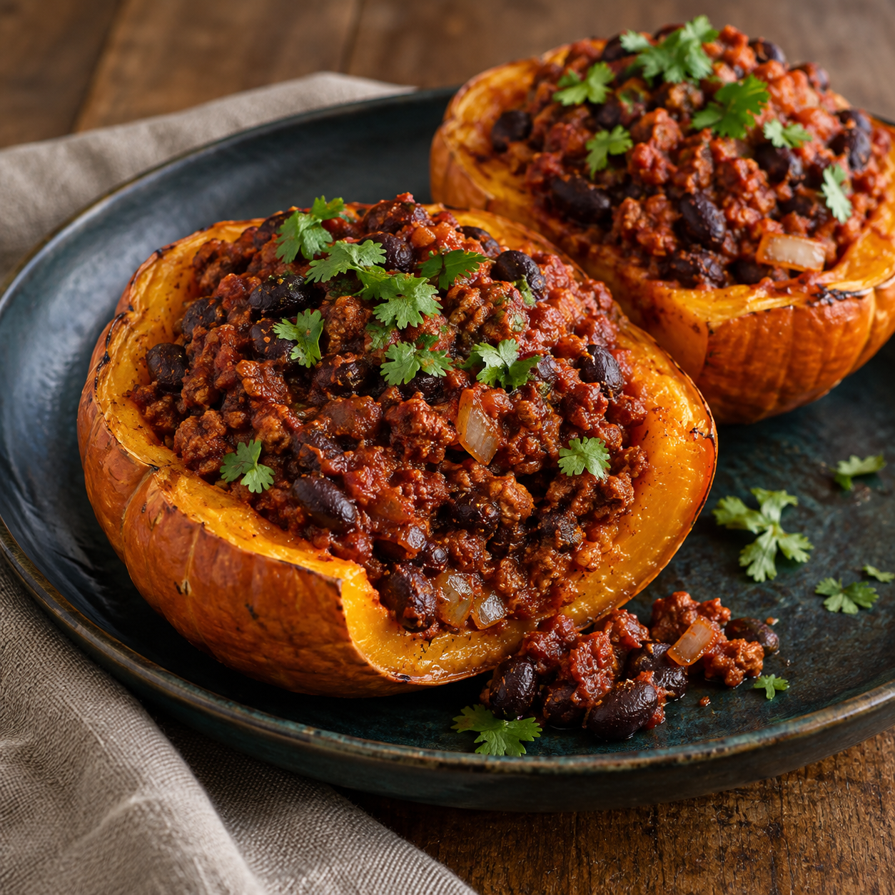 Calabaza Rellena Con Chili: 1 Secreto Delicioso 102 Calabaza rellena de chili vegetal, frijoles negros y tomate, sin queso.