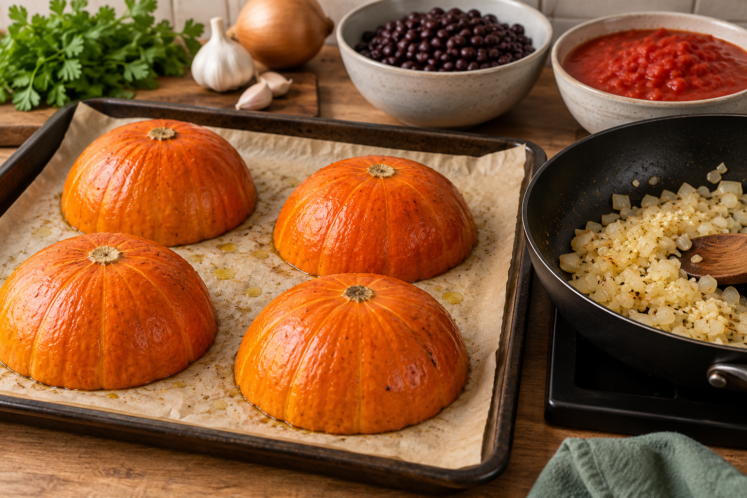 Calabaza Rellena Con Chili: 1 Secreto Delicioso 101 Mitades de calabaza boca abajo en el primer asado antes del relleno vegetal.