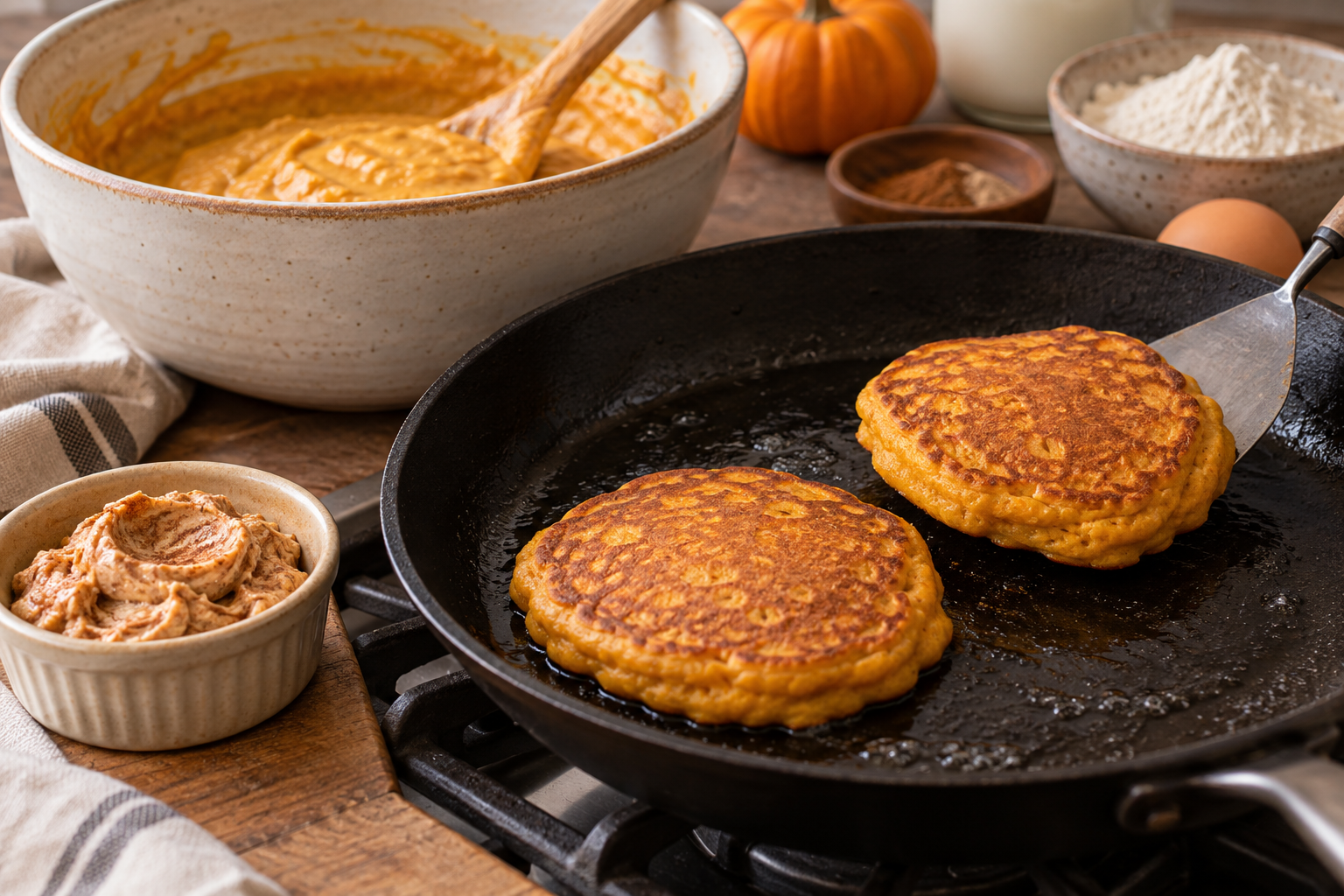Panqueques de calabaza cocinándose en sartén con la mantequilla de canela aparte.