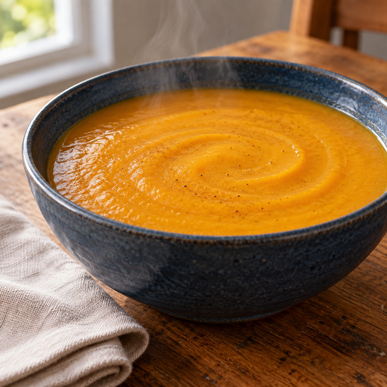 Sopa de calabaza asada con jengibre 92 Sopa de calabaza asada triturada y servida caliente.