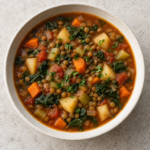 Sopa de lentejas y patatas con verduras.