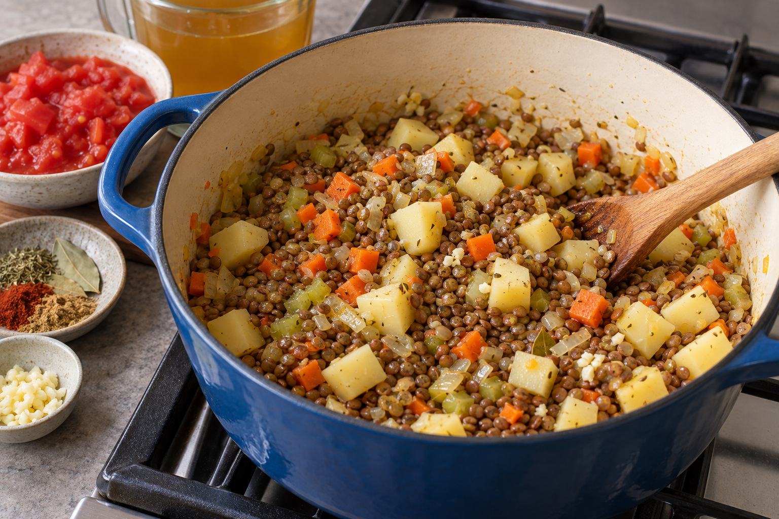 Sopa de lentejas y patatas con verduras 138 Lentejas y patatas removidas con verduras antes de añadir caldo y tomate.